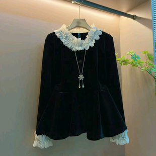 花瓣丝绒小衫 胖妹妹显瘦钉钻女人衫 洋气大码 纽扣开衫 女装 2025新款