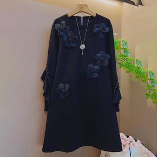 胖妹妹独特立体花朵遮肚子卫衣裙韩版设计感百搭连衣裙加大码裙子