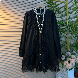 钉珠小衫 长袖 女装 减龄大码 蕾丝拼接荷叶边上衣胖MM显瘦木耳边衬衫