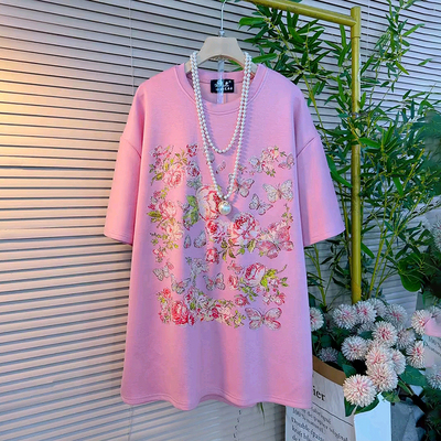 重工亮钻印图花朵中长款短袖T恤