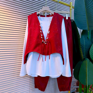 松紧腰休闲裤 女装 胖MM显瘦百搭打底衫 大码 套装 亮闪闪盘扣马甲新款