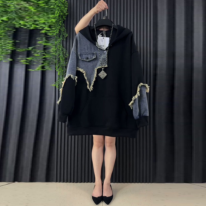 2026春季新款牛仔拼色卫衣胖mm显瘦连帽中长款上衣简约大码女装潮,女装/女士精品,大码内搭,淘宝优惠券,粉丝福利购,淘宝优惠卷