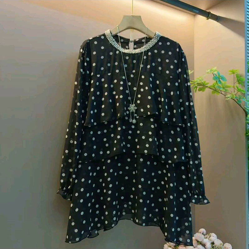 2026春季新款韩版时尚钉珠圆领层叠荷叶边长袖衫大码女装简约上衣,女装/女士精品,大码内搭,淘宝优惠券,粉丝福利购,淘宝优惠卷