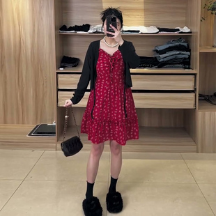 2026春季新款百搭长袖短款外套胖妹妹显瘦大码女装吊带碎花连衣裙