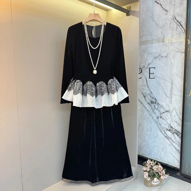 丝绒拼接上衣半身裙套装