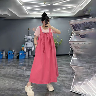 两件套装 女装 甜美多巴胺桃心纽扣背带裙短袖 大码 胖MM宽松夏季 新款