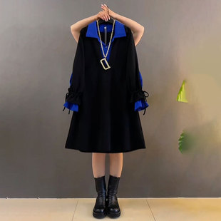 春季新款时尚宽松拼色假两件显瘦中长款衬衫连衣裙大码女装胖妹妹