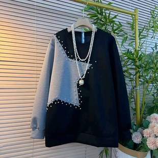女装 重工钉珠设计感卫衣胖mm休闲拼色AB袖 秋冬季 韩版 上衣 新款 大码
