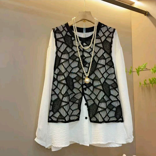 欧货蕾丝拼接假两件设计休闲大衫