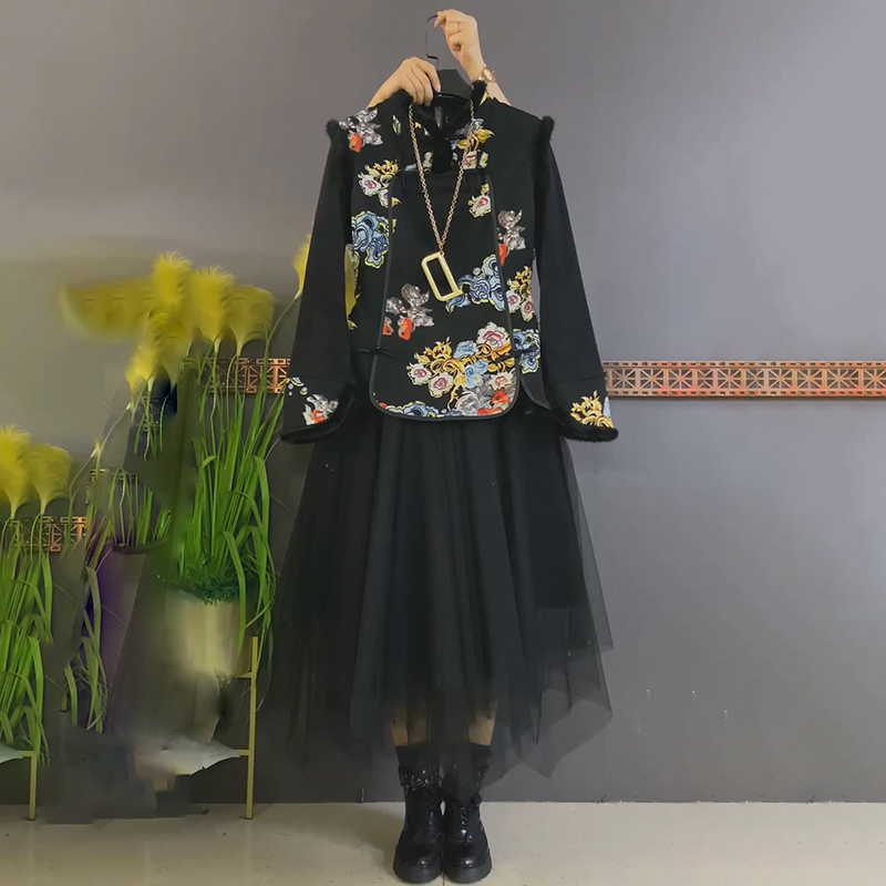 古风马甲打底松紧腰纱半裙三件套