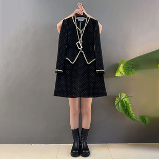 V领拼接名媛风连衣裙时尚 胖妹妹2025冬季 女装 大码 假两件套裙 新款