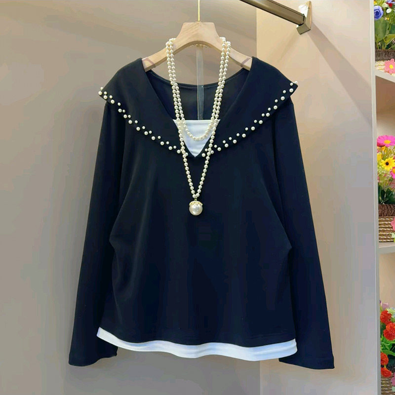 胖mm简约小众学院风钉珠假两件长袖小衫2026新款大码女装气质上衣,女装/女士精品,大码内搭,淘宝优惠券,粉丝福利购,淘宝优惠卷