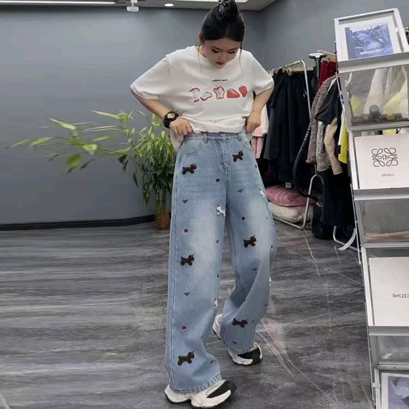 刺绣小狗显瘦加绒直筒裤