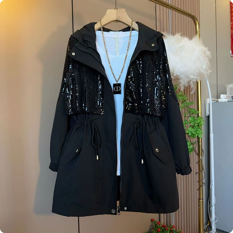 重工拼亮片设计收腰显瘦风衣外套