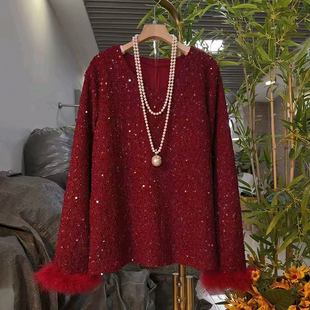 胖MM欧货气质亮片V领毛毛袖 2025冬季 女装 大码 百搭美衣T恤上衣 新款