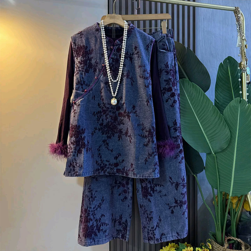 植绒马甲直筒裤子拼接毛毛打底衫