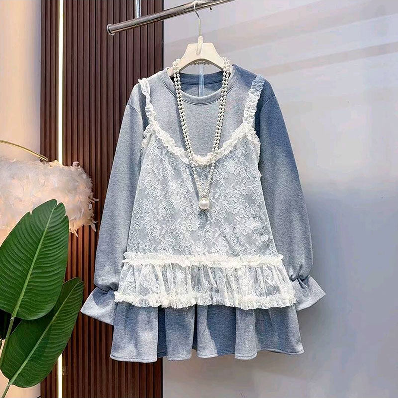 2026春季新款欧洲站减龄蕾丝背心拼接假两件卫衣大码女装洋气上衣,女装/女士精品,大码内搭,淘宝优惠券,粉丝福利购,淘宝优惠卷