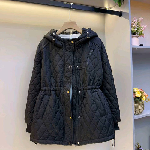 韩版休闲菱格收腰连帽棉服外套新