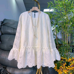 钉珠雪纺衫 胖MM显瘦长袖 衬衫 欧货时尚 新款 女装 秋季 花边上衣潮 大码