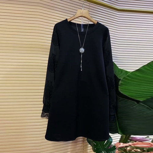 大码女装纯色长款蕾丝拼接大衫