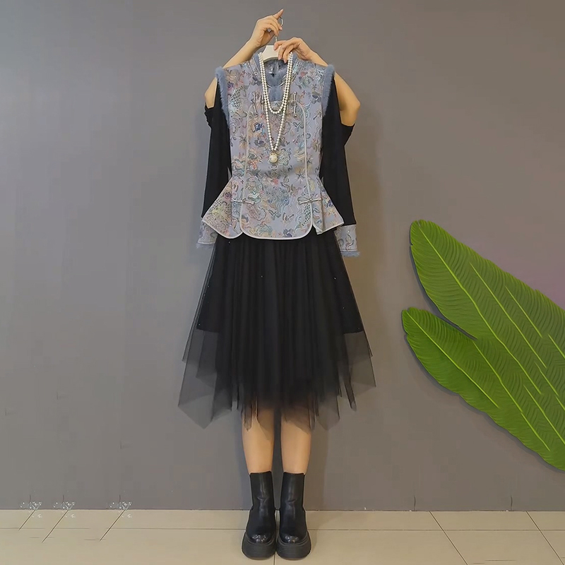 新中式复古马甲打底半身裙三件套