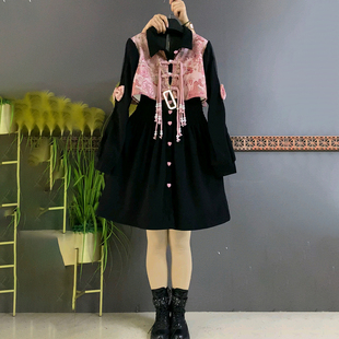 胖mm冬季新款大码女装时尚中式假两件裙子流苏扣微透蝴蝶袖连衣裙