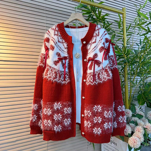 胖mm宽松遮肉上衣新款 新年款 女装 大码 蝴蝶结拼色减龄加厚针织开衫