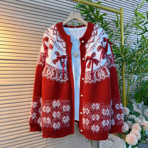 新年款蝴蝶结拼色减龄针织开衫新