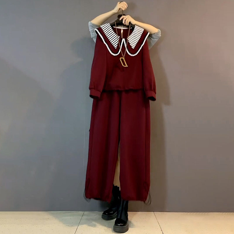 2026新款欧货条纹娃娃领卫衣抽绳裤子休闲减龄套装胖妹妹大码女装,女装/女士精品,大码套装,淘宝优惠券,粉丝福利购,淘宝优惠卷