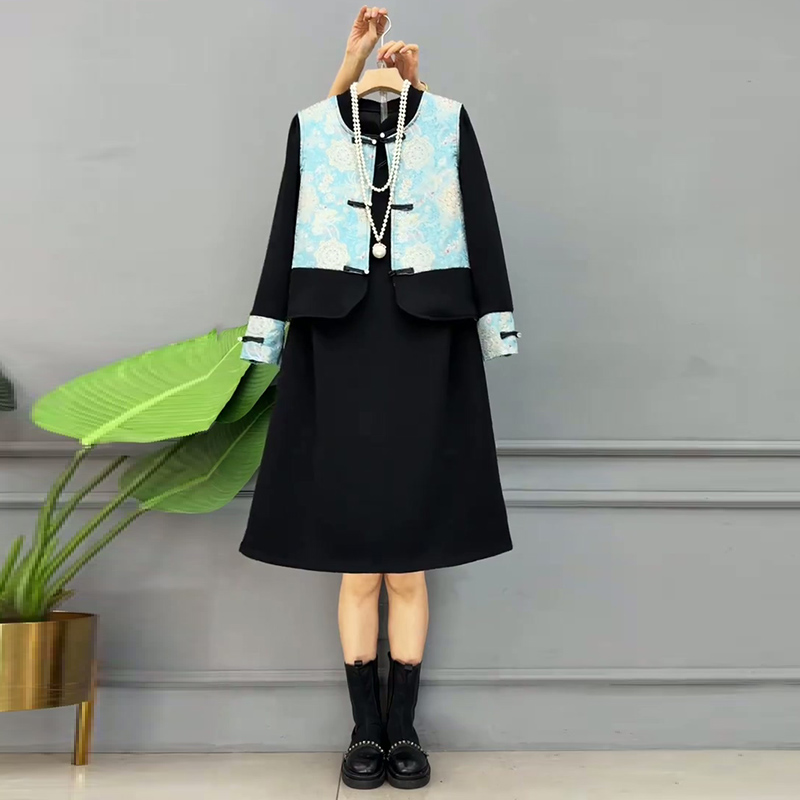 大码女装提花盘扣马甲拼接连衣裙