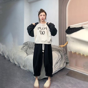 休闲撞色卫衣上衣宽松萝卜裤子大码女装2024胖MM宽松秋季两件套