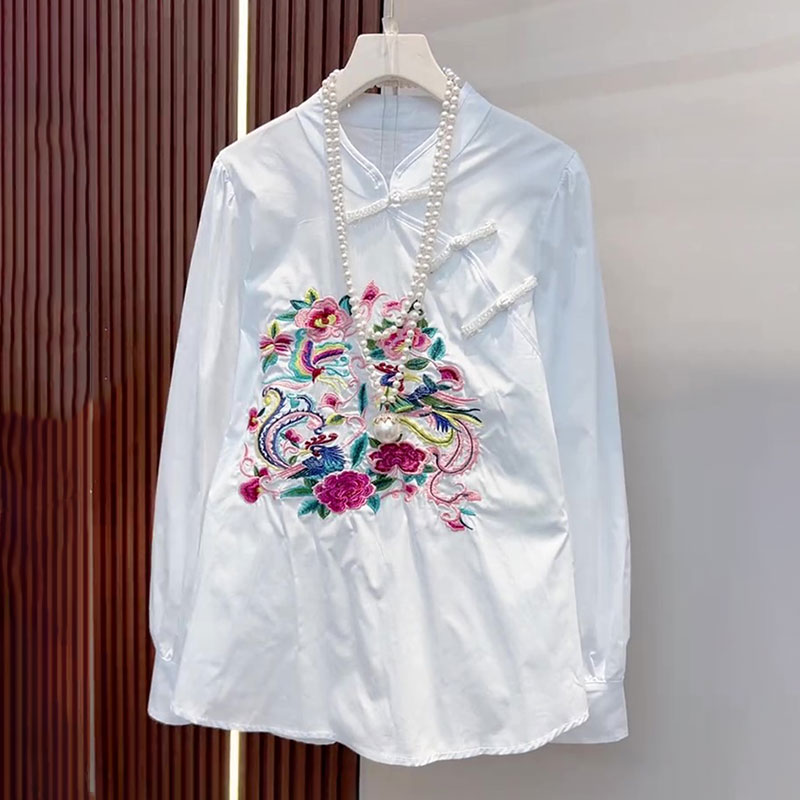欧洲站国风刺绣盘扣打底小衫衬衫