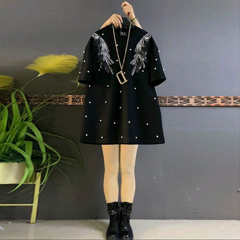 钉珠大码女装亮片中长款T恤上衣