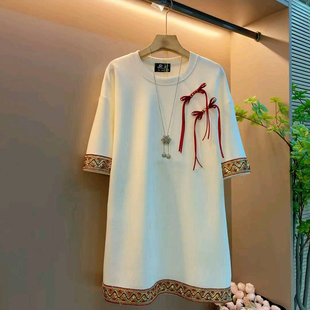 女装 新款 大码 盘扣刺绣花边蝴蝶结T恤大衫 胖mm气质显瘦上衣 新中式