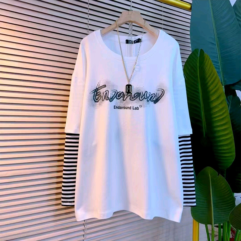 拼条纹假两件字母印花大衫