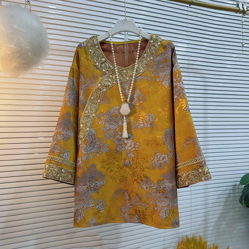 早秋时尚复古花图案新中式打底衫