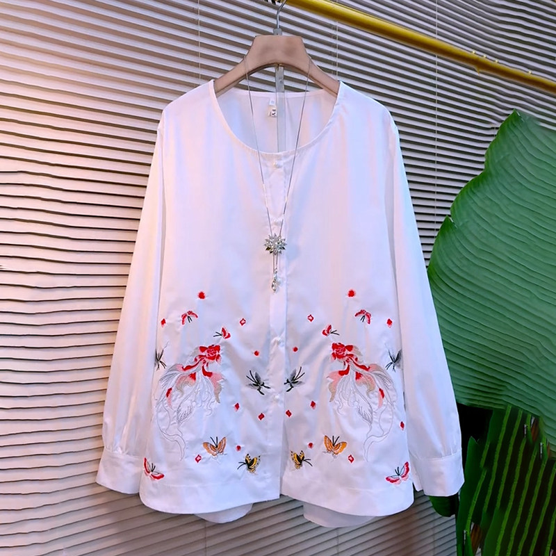 胖mm大码女装春季2026新款欧货时尚轻奢刺绣富贵锦鲤减龄百搭衬衫