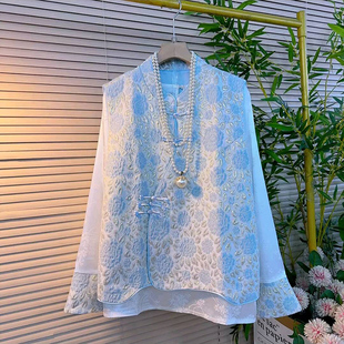 设计经典 女装 百搭马甲打底衫 大码 两件套 新中式 复古盘扣斜襟不等式