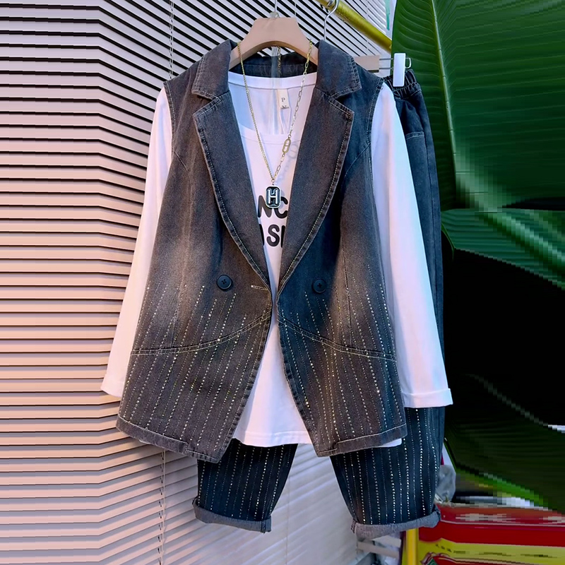 秋季大码女装亮钻牛仔马甲裤子