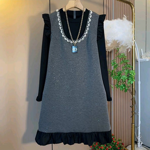 女装 胖妹妹名媛气质钉珠木耳边马甲裙打底衫 大码 新款 显瘦套裙 套装