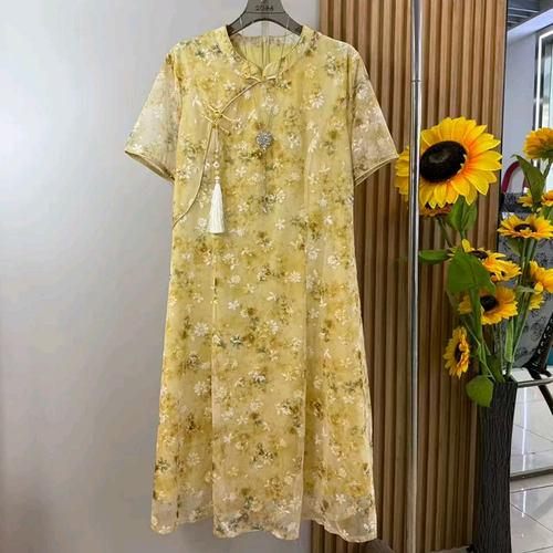 新中式复古立领印花旗袍连衣裙新