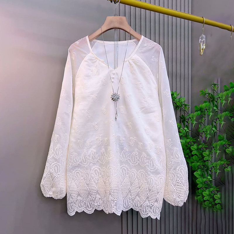 胖妹妹大码女装春季2026新款欧货时尚刺绣提花V领洋气百搭蕾丝衫,女装/女士精品,大码内搭,淘宝优惠券,粉丝福利购,淘宝优惠卷