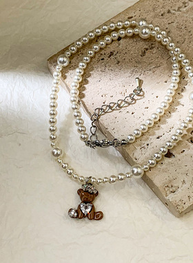 甜美公主风微镶锆石珍珠项链女滴油爱心小熊锁骨链高级感轻奢项链