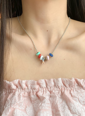 多巴胺系彩色糖豆项链ins风蓝色斑点小狗锁骨链甜酷百搭高级颈链