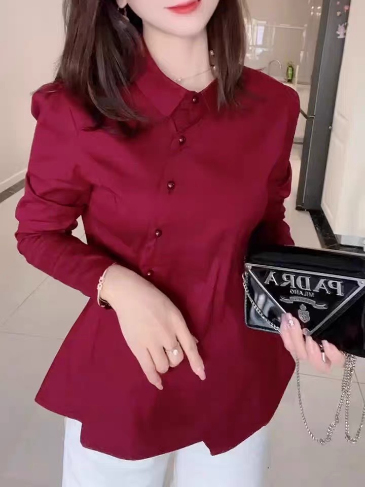 欧货2025年春秋新款纯棉长袖翻领衬衫女修身显瘦百搭通勤OL衬衣黑