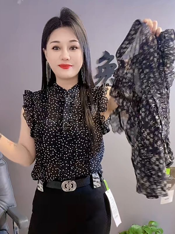 2025夏季新款波点雪纺印花木耳边设计百搭翻领荷叶边飞飞袖衬衫女