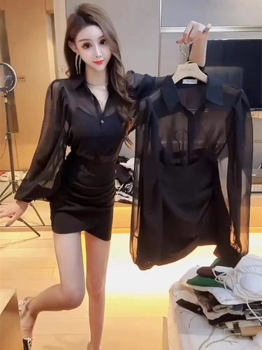 性感纯欲网纱衬衫女夏季新款轻薄防晒小衫韩版气质POLO领长袖上衣