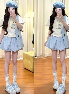 清仓捡漏蓝色花苞短裤女外穿2025新款小个子休闲灯笼蓬蓬半身裙裤