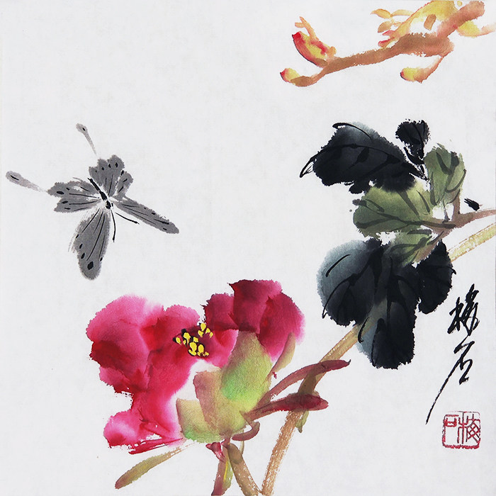 梅石国画小品原创手绘画牡丹蝴蝶字画25cm斗方挂画装饰画精品书画