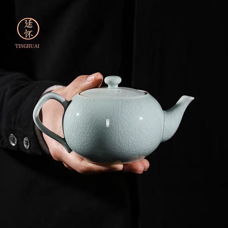 廷怀窑汝窑开片大号陶瓷茶壶可养